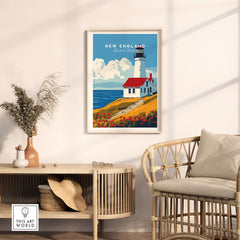 New England Wall Art featuring a charming lighthouse and coastal scenery in a stylish interior setting.