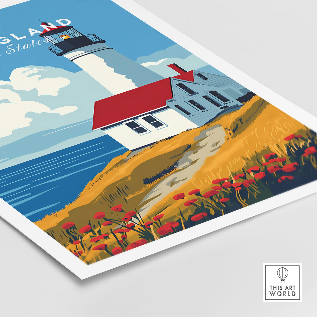 New England wall art poster featuring a charming lighthouse with a coastal landscape and bright red poppies, perfect for home decor.