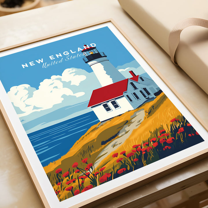 New England wall art poster featuring a charming lighthouse by the sea, capturing the essence of idyllic coastal landscapes.