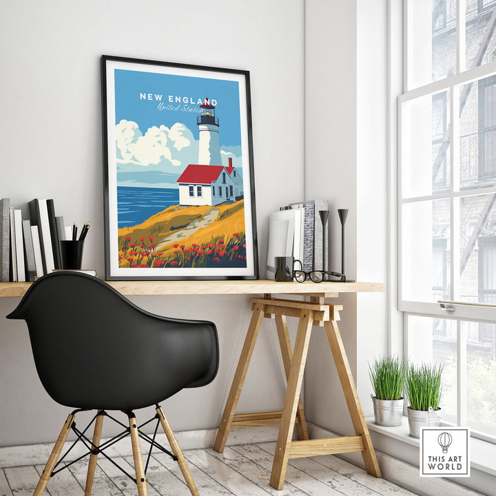 Modern room with New England lighthouse wall art, featuring a coastal scene, styled with a black chair and wooden desk.