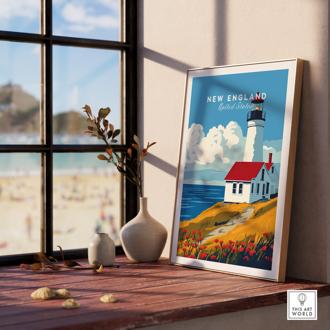 New England wall art poster on windowsill, featuring a coastal lighthouse scene with vibrant colors and scenic landscape.