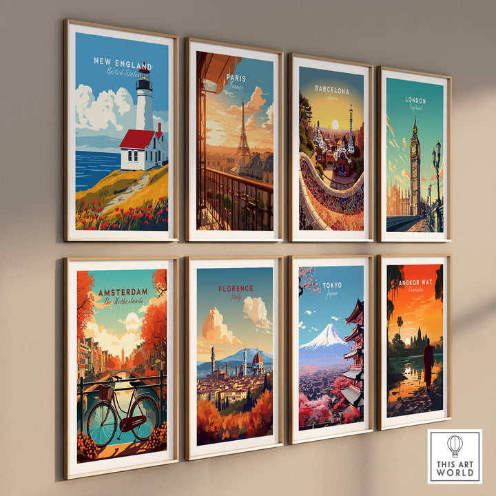 Gallery of framed travel posters including New England lighthouse wall art and various global destinations.