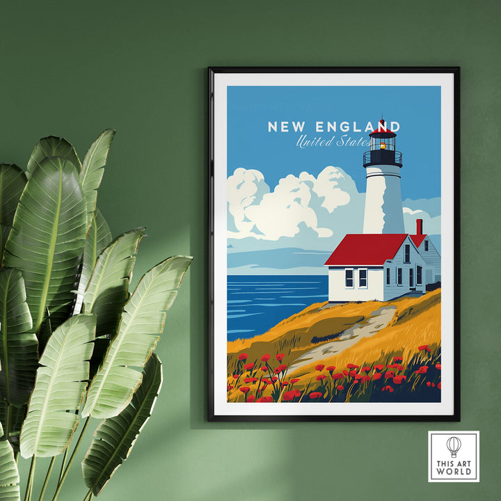 New England wall art featuring a charming lighthouse with coastal landscape, perfect for adding a touch of serene beauty to your space.