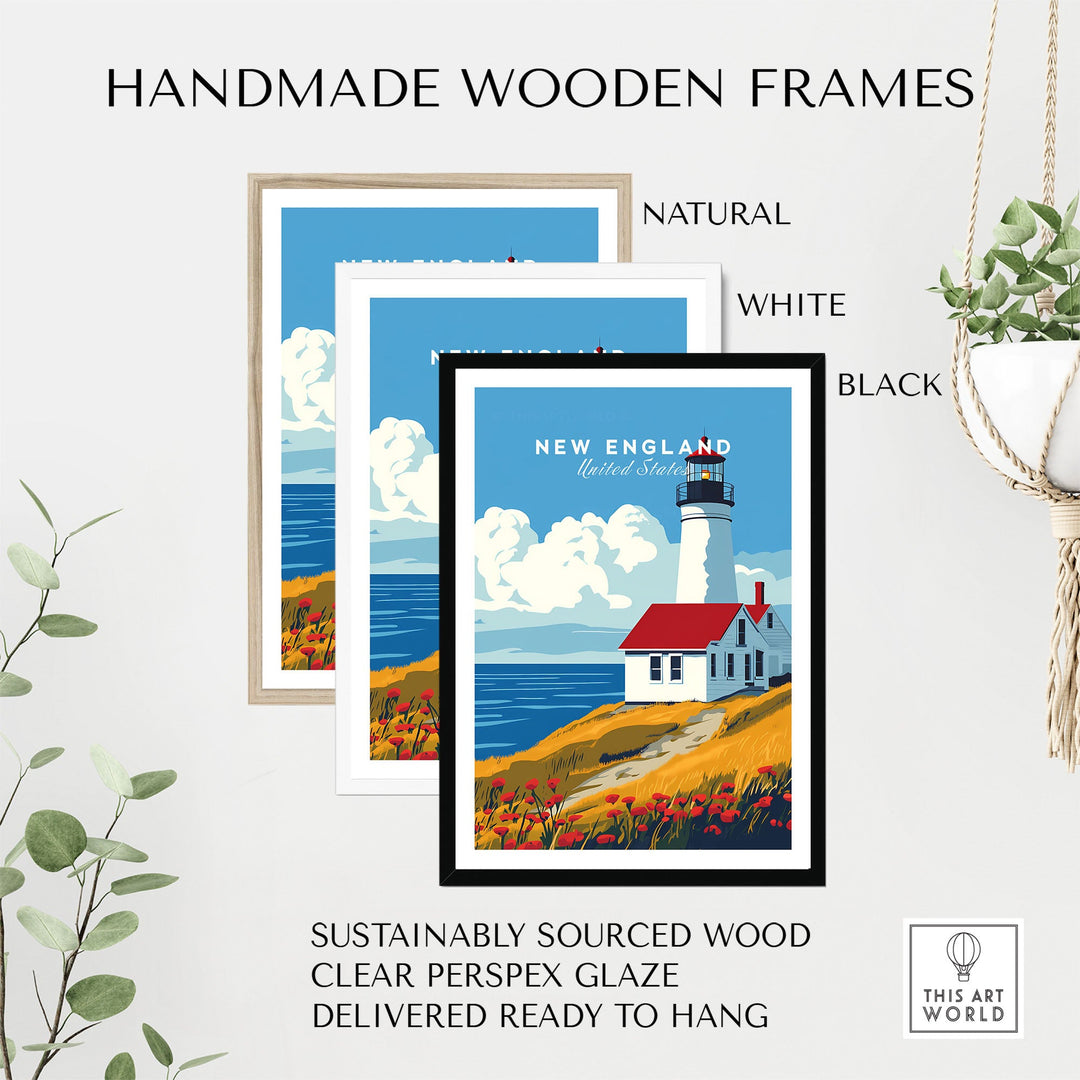 Handmade wooden frames showcasing New England lighthouse wall art, available in natural, white, and black. Sustainable and ready to hang.