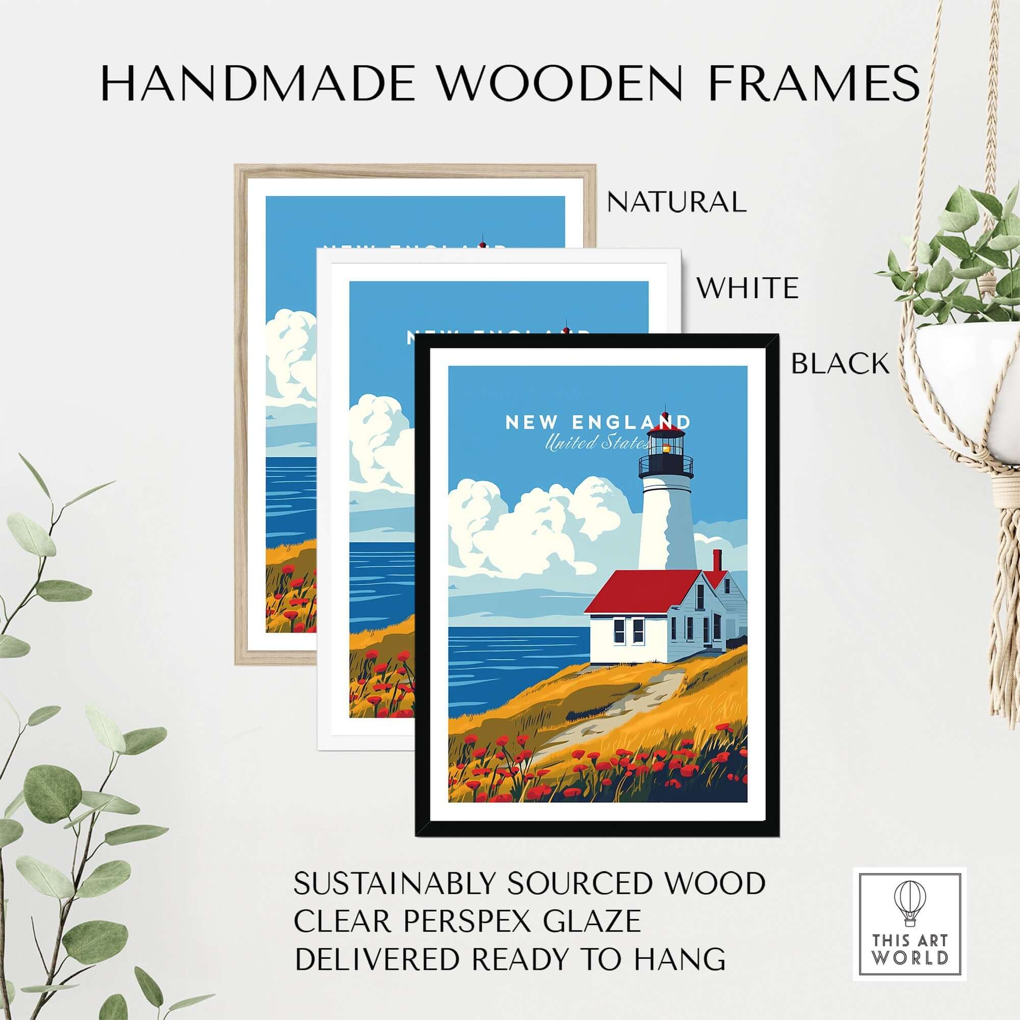 New England Wall Art framed in handmade wooden frames available in natural, white, and black colors.