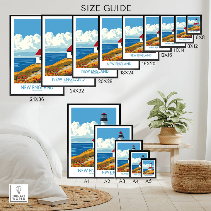 New England lighthouse wall art print size guide displayed in room with seating and plant.