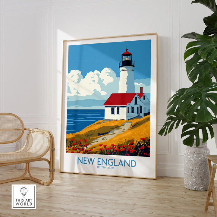 New England wall art print with lighthouse and coastal scene in modern room, capturing tranquil charm and beauty.