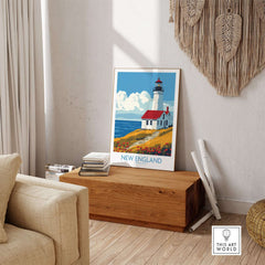 New England Wall Art Print featuring a lighthouse in a coastal setting, showcasing the beauty of New England.