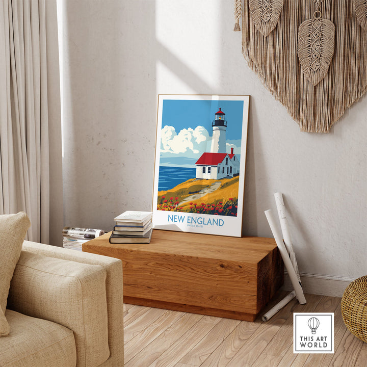 New England wall art print featuring a lighthouse, adding coastal charm and tranquility to home or office decor.