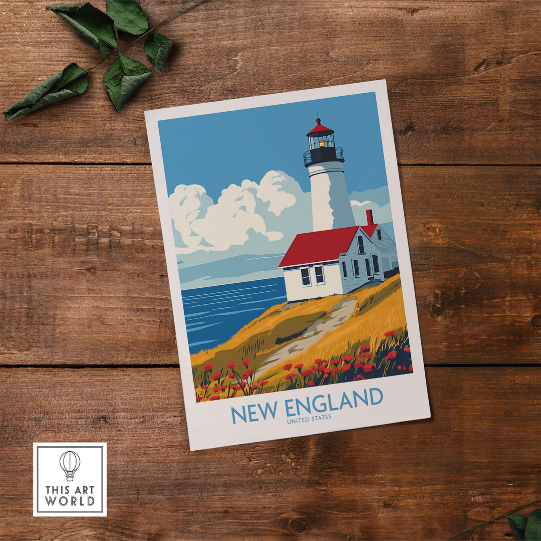 New England wall art print with lighthouse on wooden table, showcasing coastal beauty and tranquility.