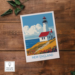 New England Wall Art Print featuring a vibrant lighthouse design on a wooden background.