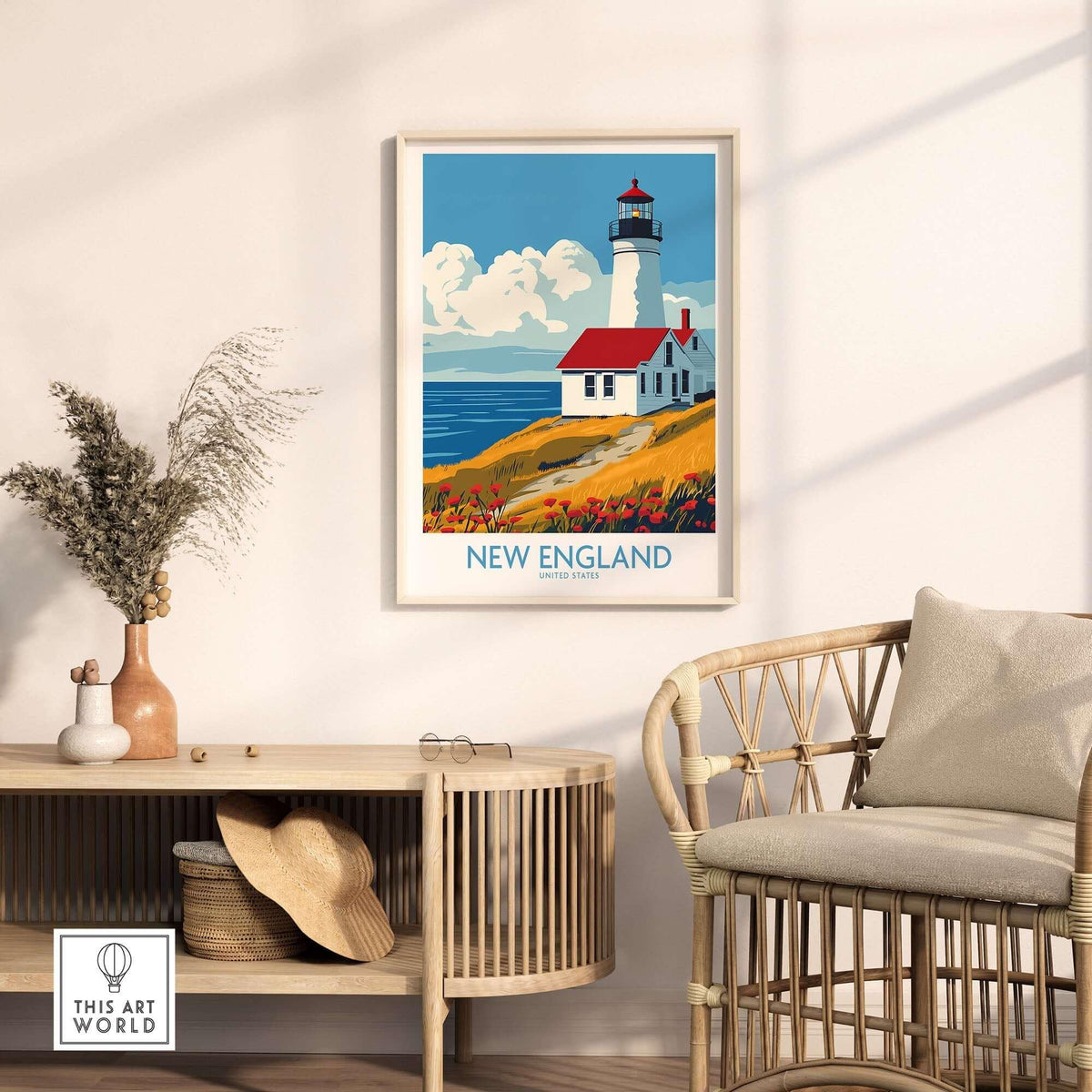 New England Wall Art Print showcasing a lighthouse, enhancing any home's wall decor with coastal beauty.