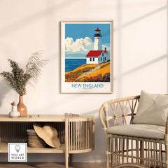 New England Wall Art Print showcasing a lighthouse, enhancing any home's wall decor with coastal beauty.