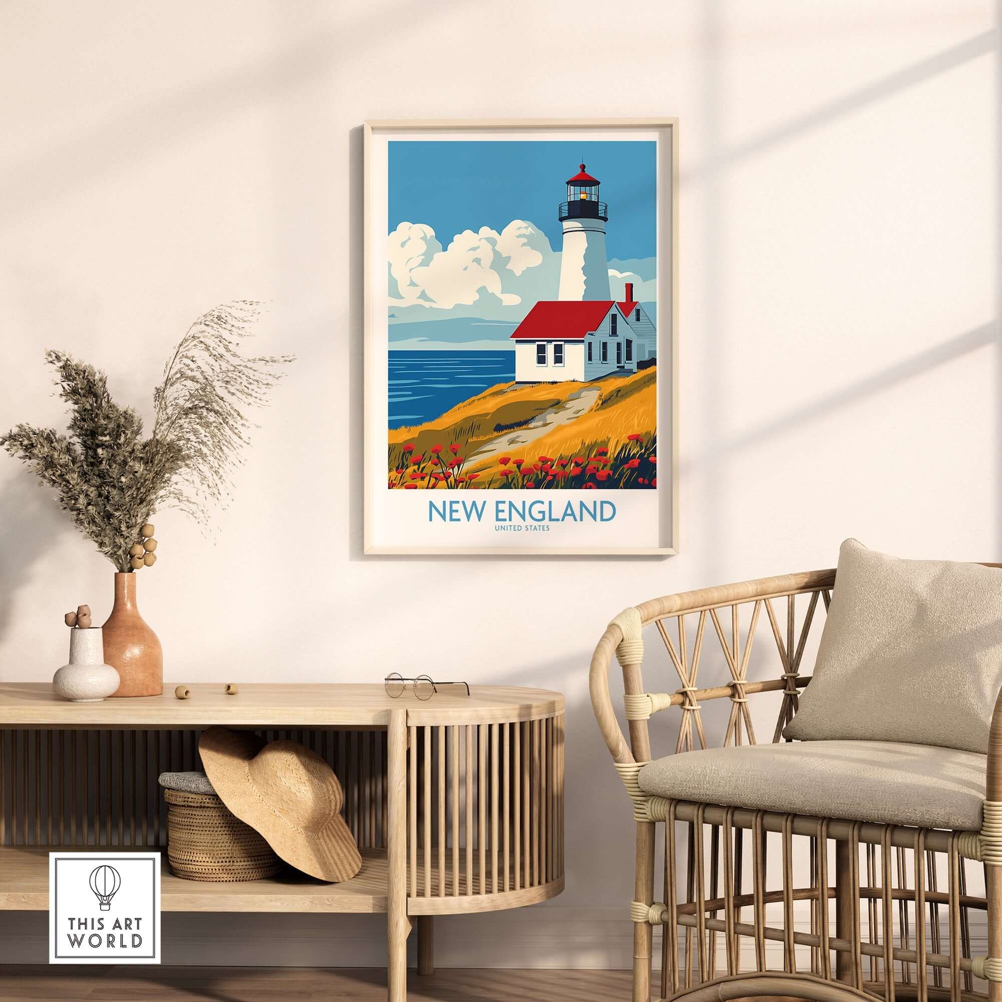 New England Wall Art Print showcasing a lighthouse, enhancing any home's wall decor with coastal beauty.