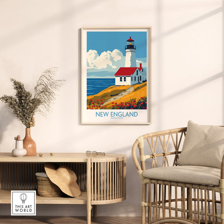 New England wall art print with a lighthouse, adding coastal charm and tranquility to home decor.