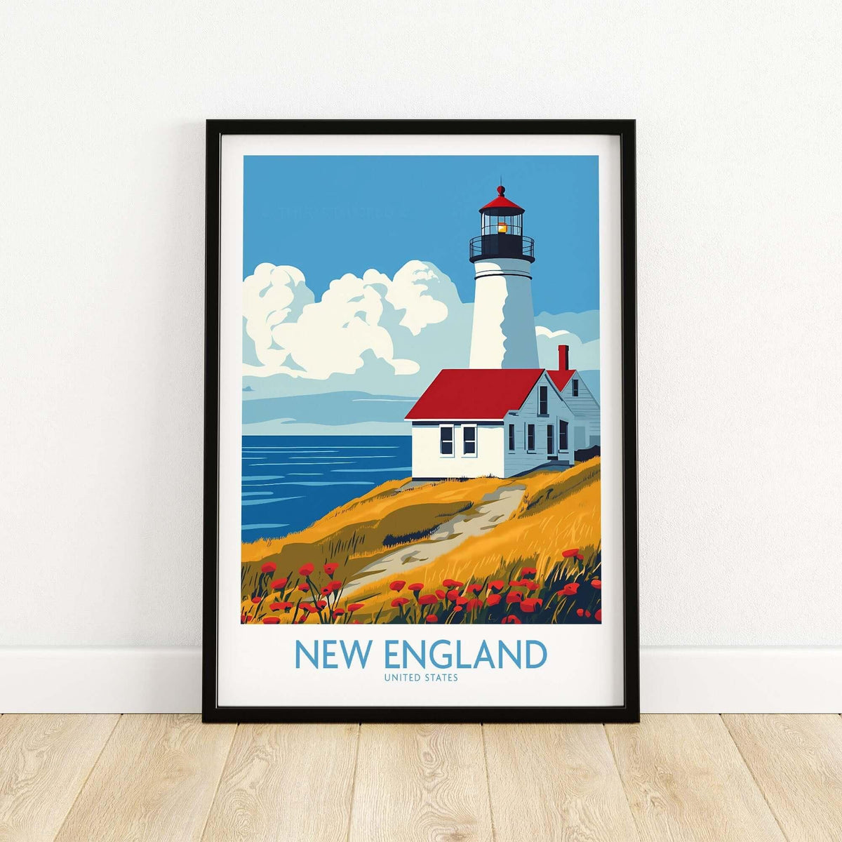New England Wall Art Print showcasing a lighthouse by the coast with vibrant colors and beautiful scenery.
