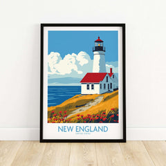 New England Wall Art Print showcasing a lighthouse by the coast with vibrant colors and beautiful scenery.