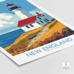 New England Wall Art Print featuring a beautiful lighthouse with coastal scenery and vibrant colors.