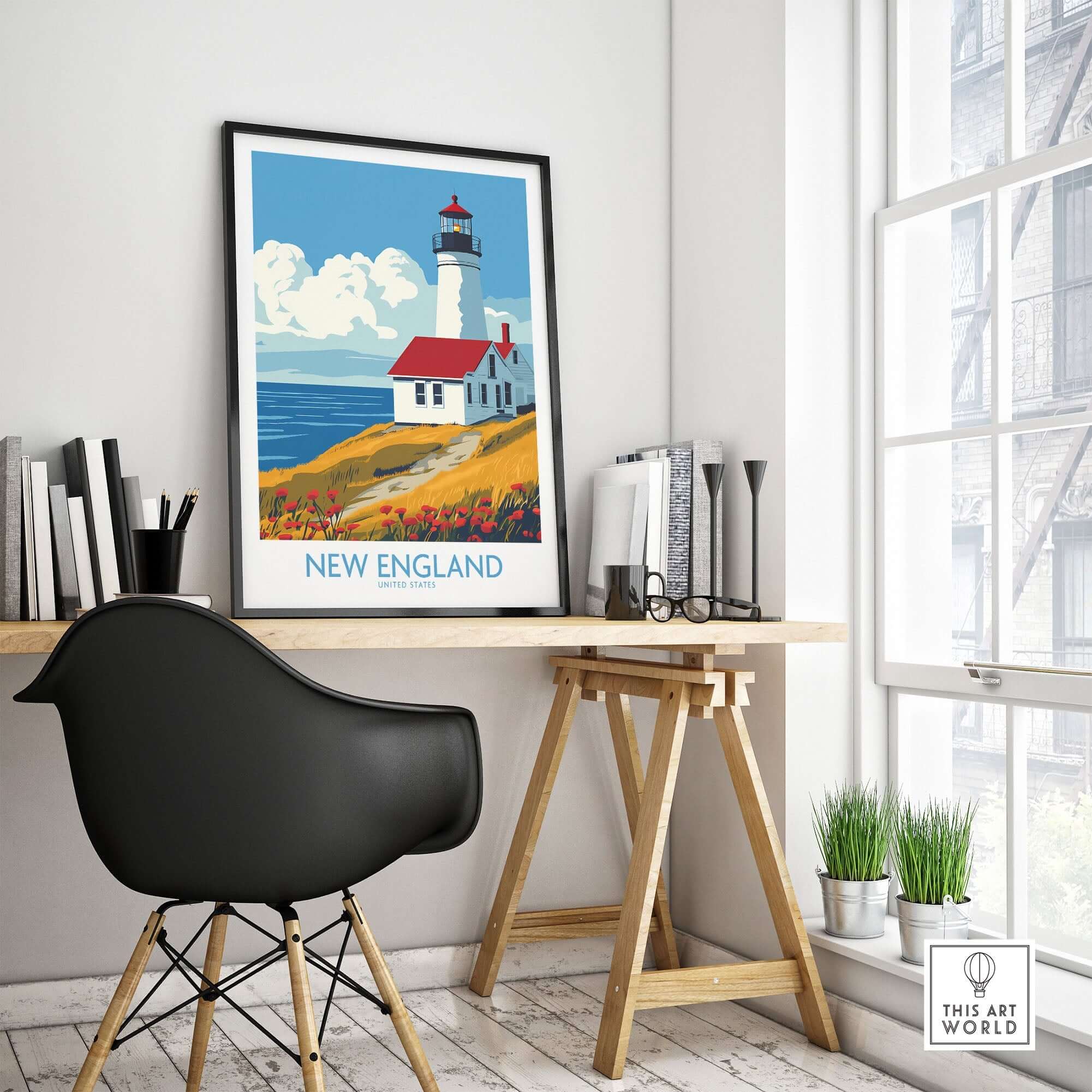 New England Wall Art Print featuring a lighthouse in a cozy workspace interior.