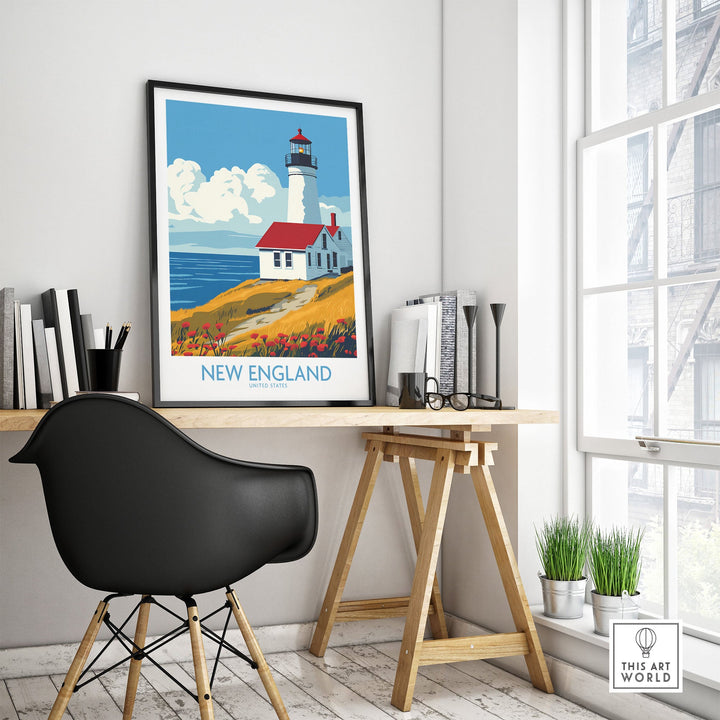 New England wall art print featuring a lighthouse in modern home office setting, adding coastal beauty and tranquility.