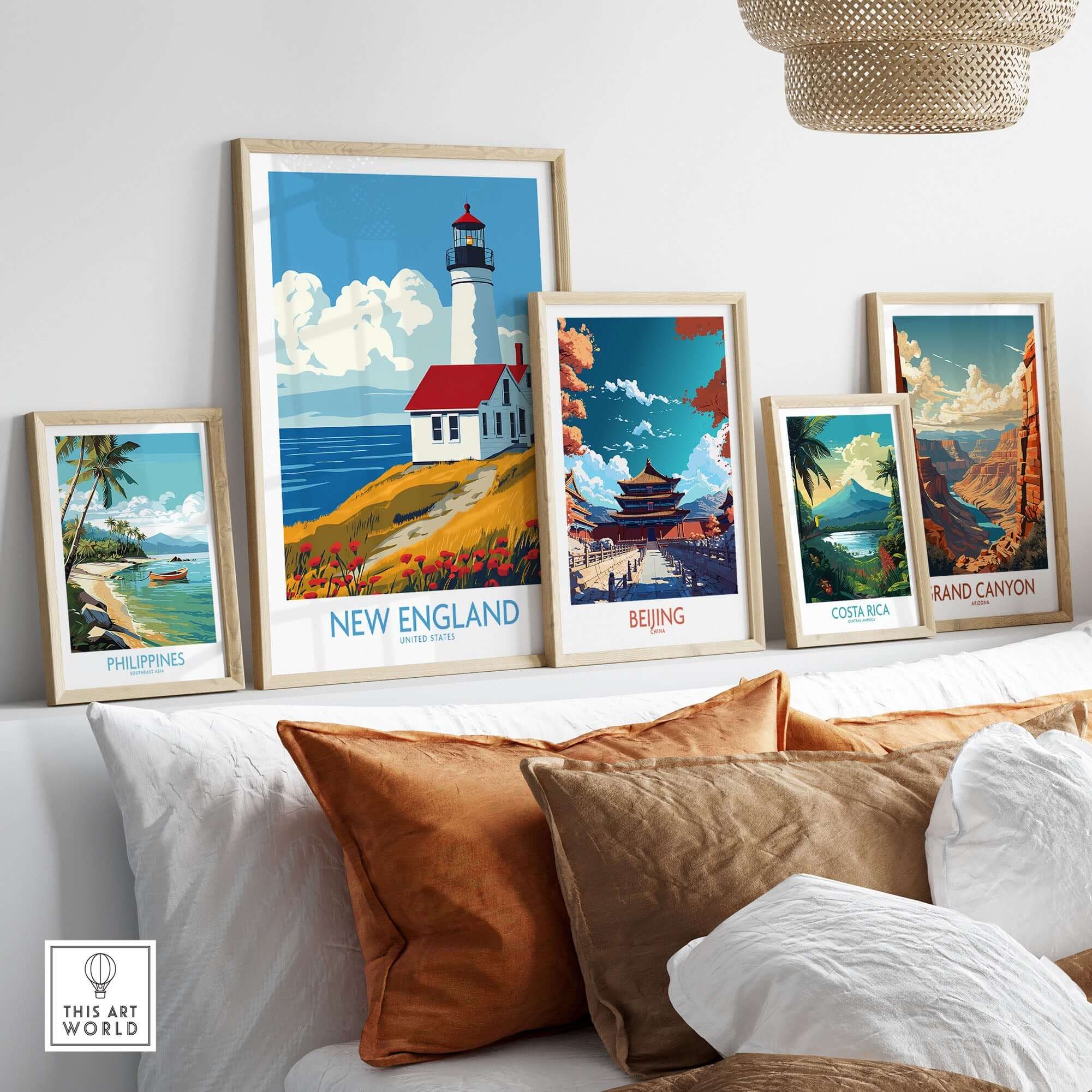 New England Wall Art Print featuring a lighthouse and travel posters, enhancing home decor with coastal charm.