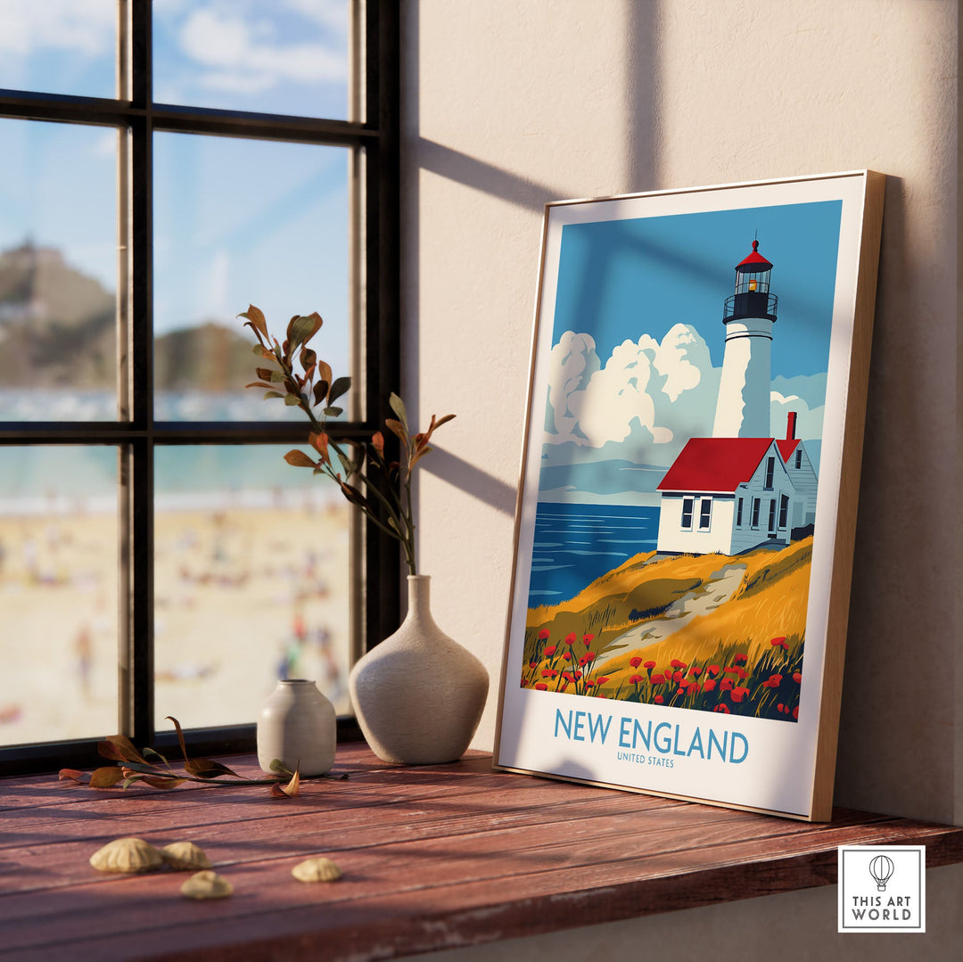 New England wall art print with lighthouse, coastal decor by window, bringing scenic tranquility to your home or office.