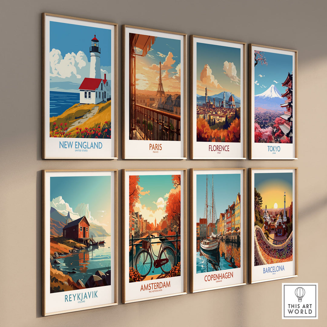 gallery wall of travel posters featuring New England, Paris, Florence, Tokyo, Reykjavik, Amsterdam, Copenhagen, and Barcelona landmarks