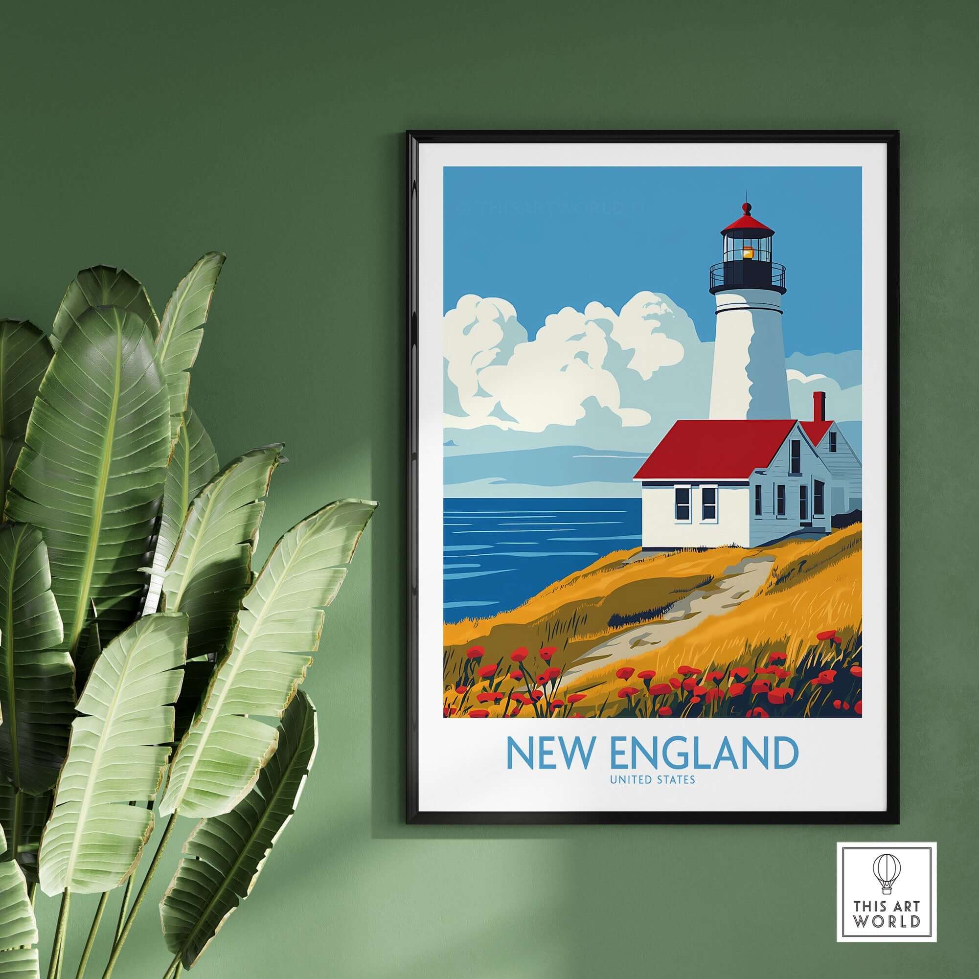 New England Wall Art Print featuring a lighthouse and coastal scenery, perfect for home or office decor.