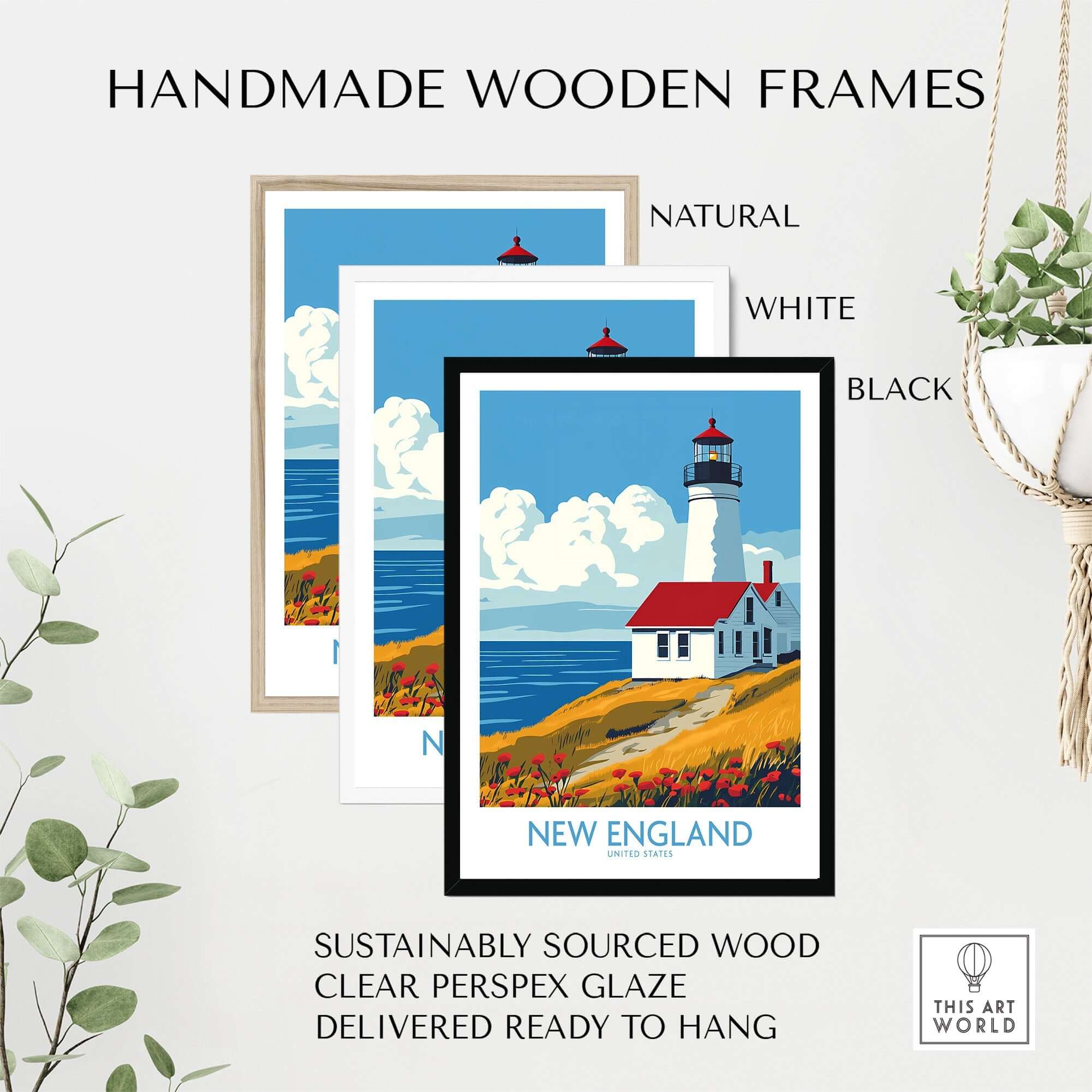 New England Wall Art Print displayed in handmade wooden frames in natural, white, and black finishes.