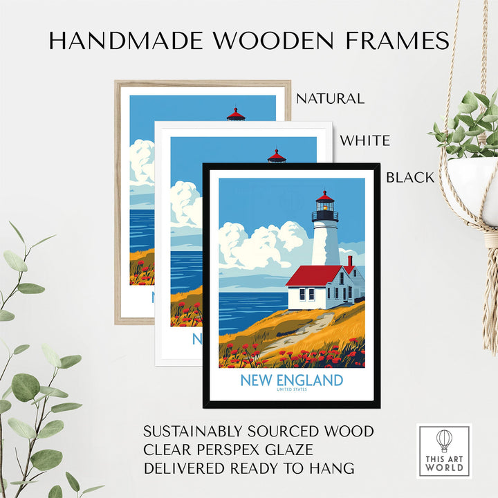 New England wall art print featuring a lighthouse in handmade wooden frames, available in natural, white, and black finishes.