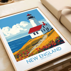 New England Wall Art Print featuring a vibrant lighthouse and coastal scenery.