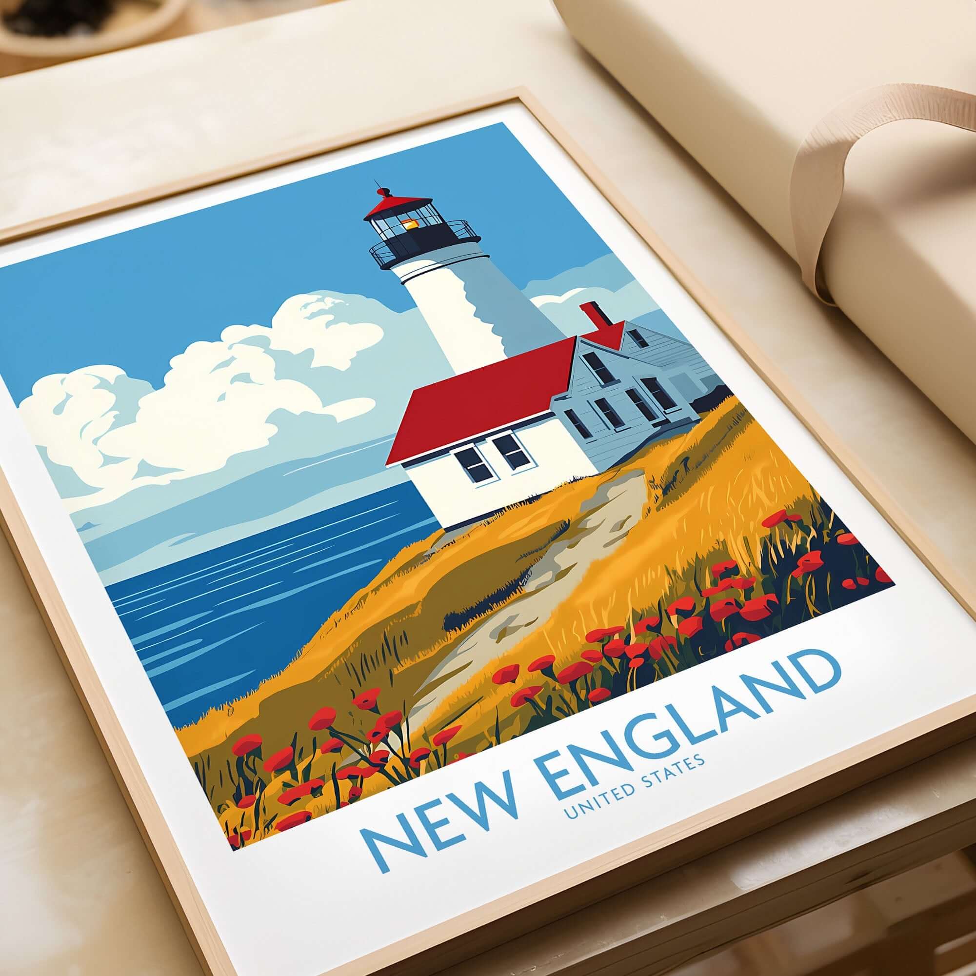 New England Wall Art Print featuring a vibrant lighthouse and coastal scenery.