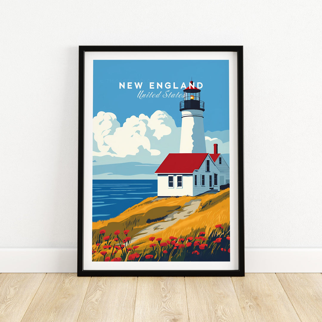 New England wall art poster featuring a charming lighthouse, ideal for travel enthusiasts and coastal decor lovers.