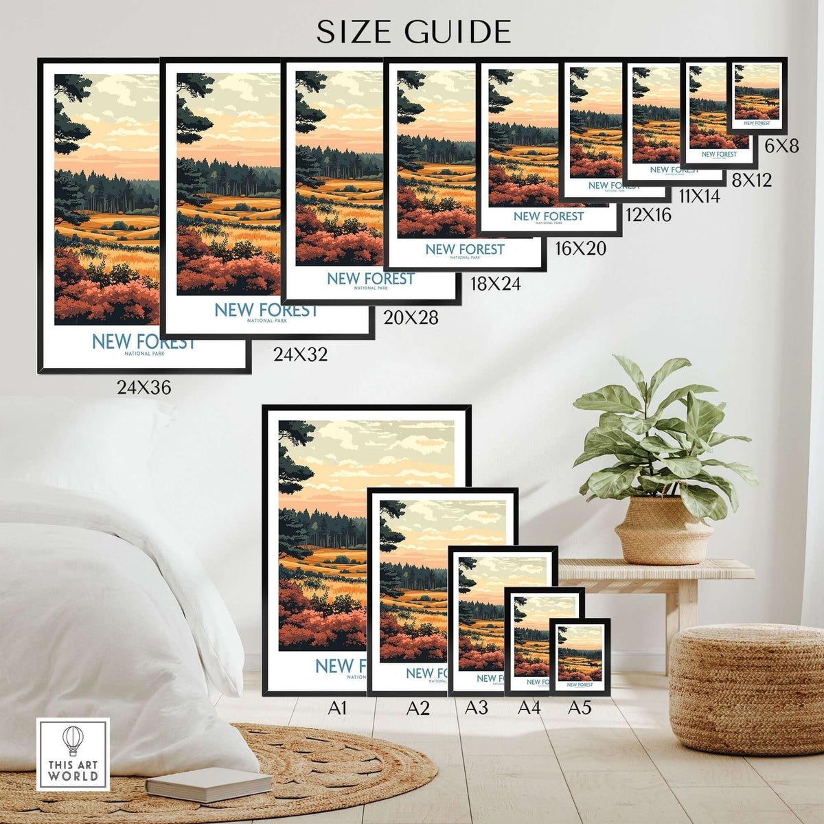 A size guide for the New Forest England National Park Poster showcasing various frame sizes and styles.