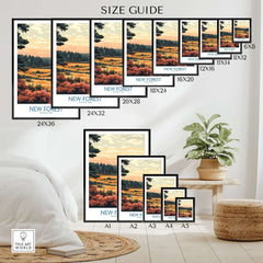 A size guide for the New Forest England National Park Poster showcasing various frame sizes and styles.