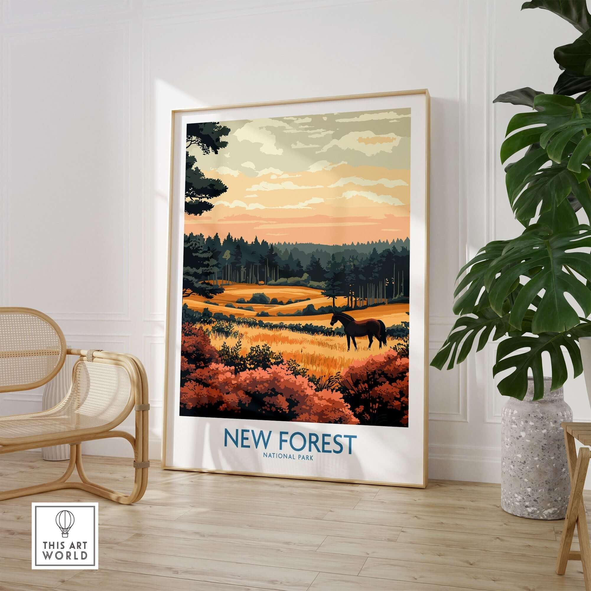 New Forest England National Park Poster featuring autumn landscape and horse in vibrant colors.