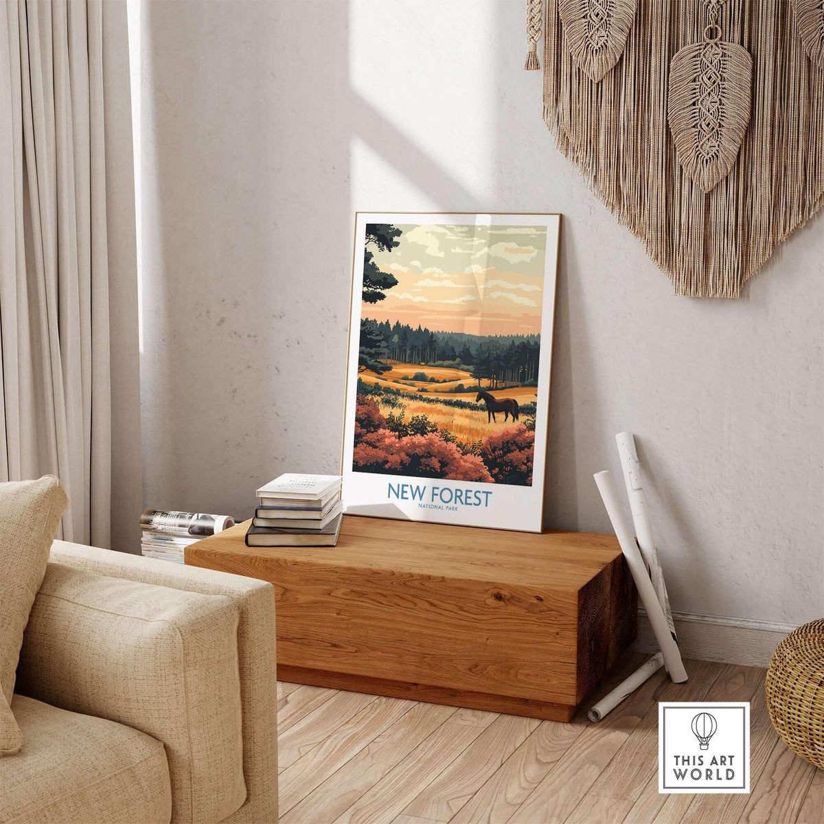 New Forest England National Park Poster featuring autumn colors and a horse in scenic landscape.