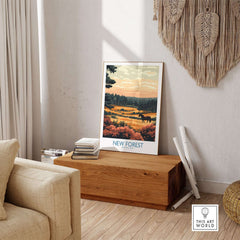 New Forest England National Park Poster featuring autumn colors and a horse in scenic landscape.