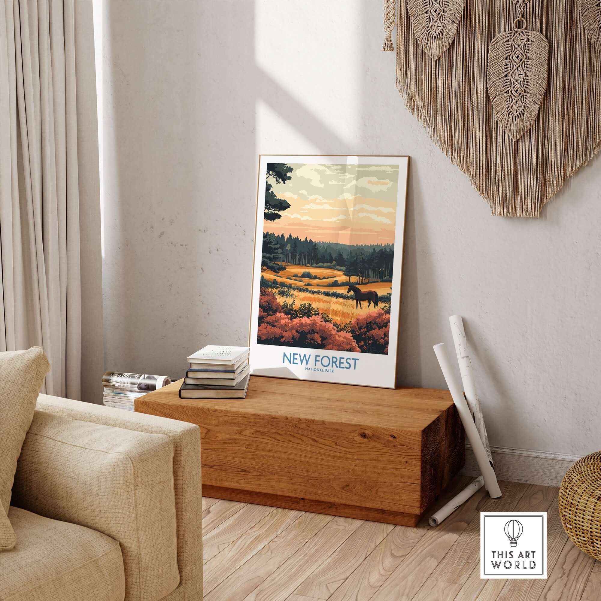 New Forest England National Park Poster featuring autumn colors and a horse in scenic landscape.