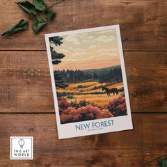 New Forest England National Park Poster showcasing autumn colors and a tranquil landscape with a horse.