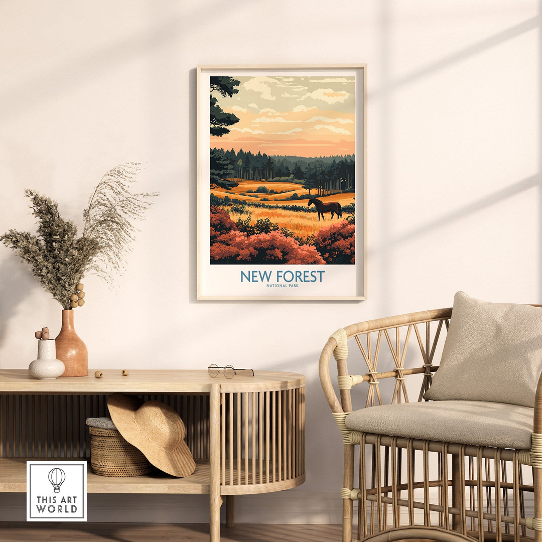 New Forest England National Park autumn poster with vibrant colors, perfect for nature lovers' home or office decor.