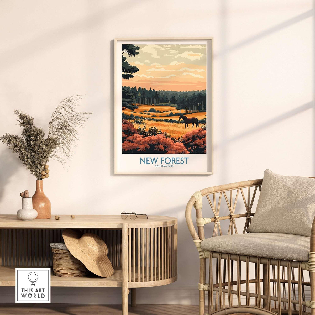 New Forest England National Park Poster showcasing autumn colors and serene landscape in a cozy home setting.