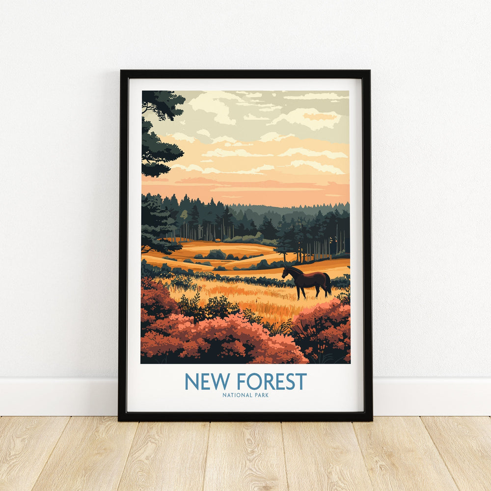 New Forest England National Park autumn poster with vibrant foliage, perfect for nature lovers and home decor enthusiasts.