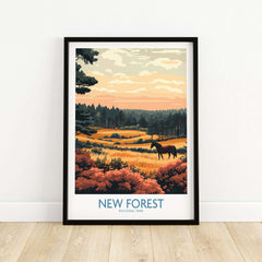 New Forest England National Park Poster featuring vibrant autumn landscape and wild horse in scenic view.