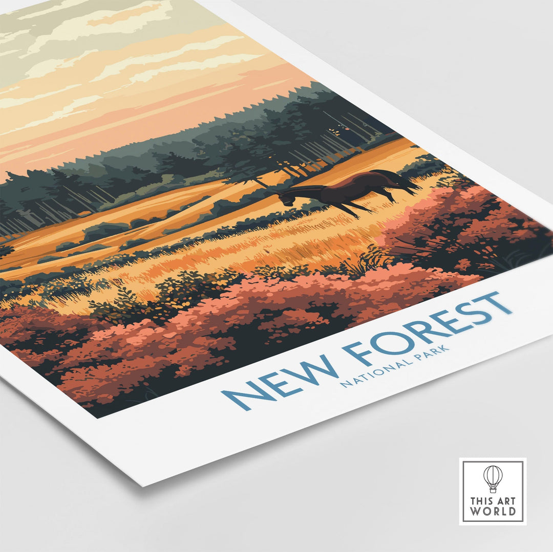 New Forest England National Park poster featuring vibrant autumn landscapes, perfect for nature lovers and home decor.