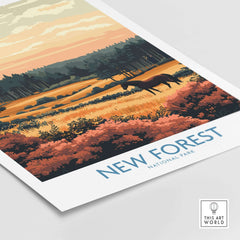 New Forest England National Park Poster showcasing vibrant autumn colors and a scenic landscape.
