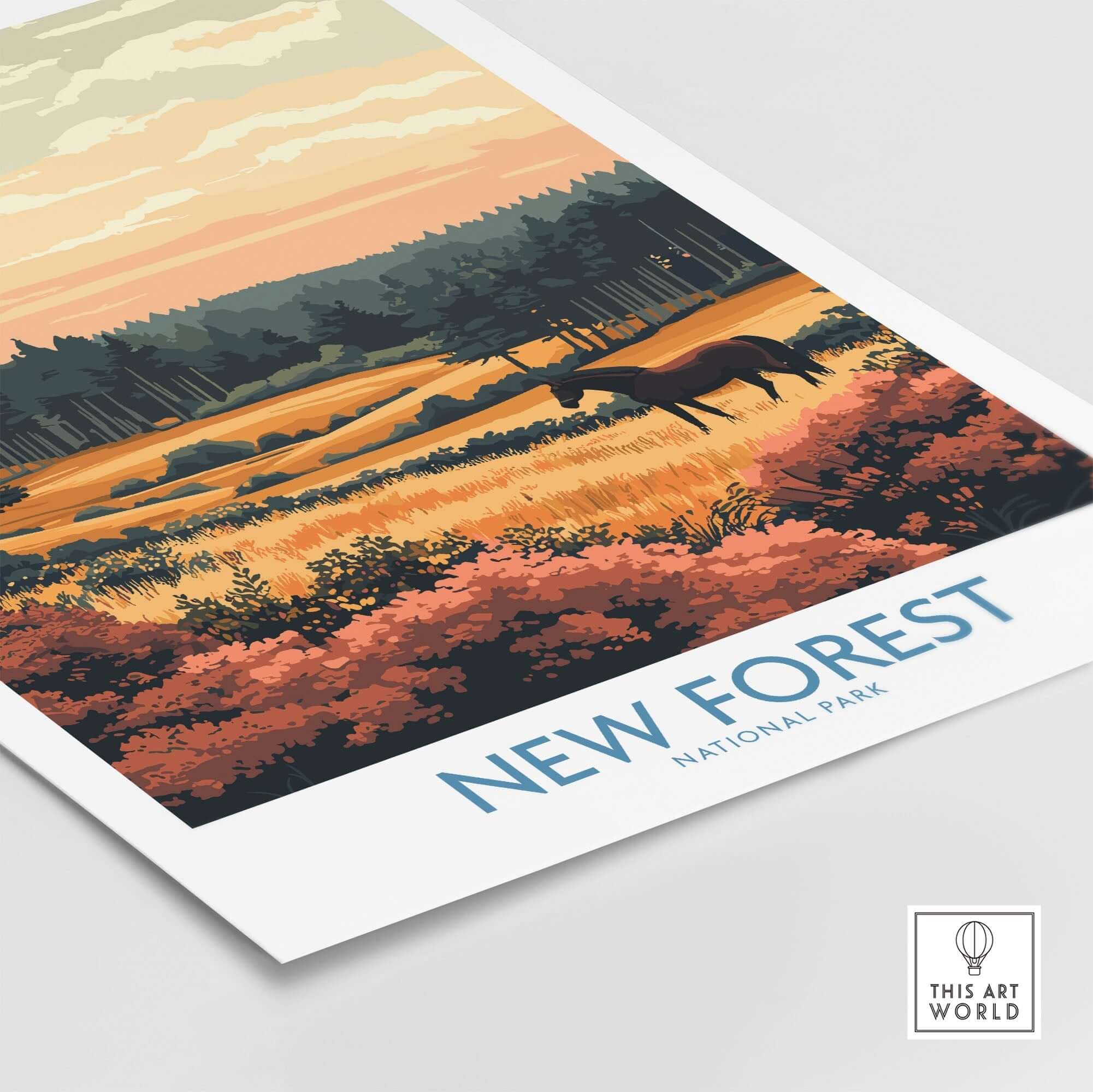 New Forest England National Park Poster showcasing vibrant autumn colors and a scenic landscape.