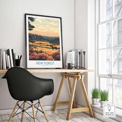 New Forest England National Park Poster displayed in a stylish home office setting, showcasing autumn landscapes.
