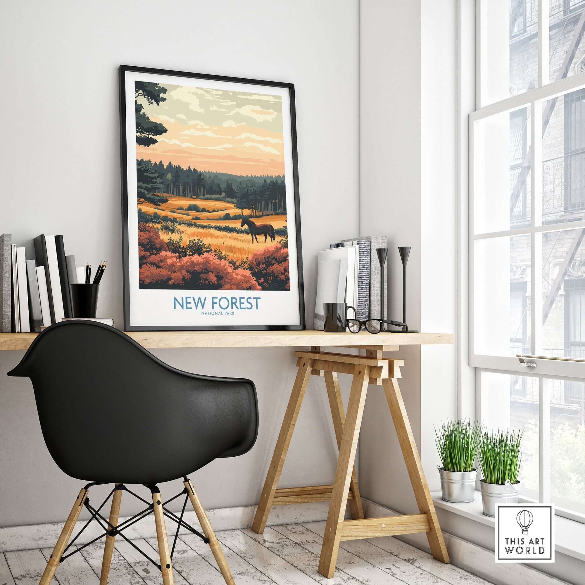 New Forest England National Park Poster displayed in a stylish home office setting, showcasing autumn landscapes.