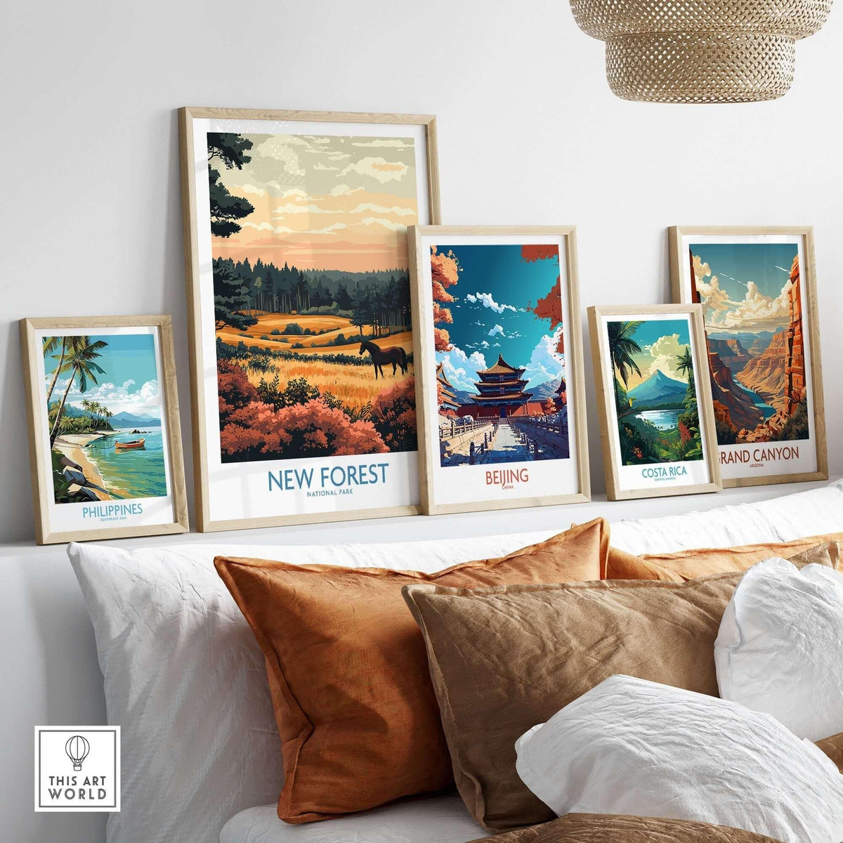 A collection of framed posters including New Forest England National Park Poster, showcasing vibrant landscapes.